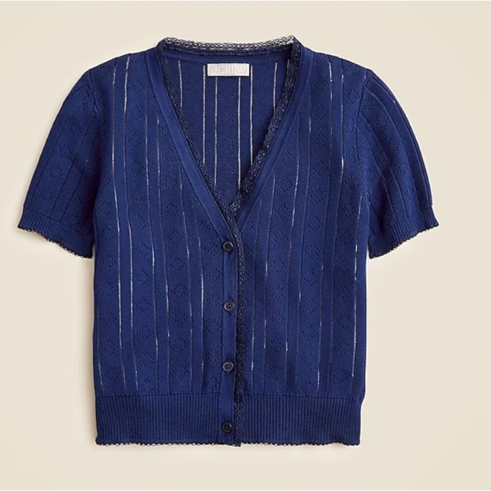 J.Crew Pointelle short-sleeve V-neck cardigan in premium ultra-fine cotton Sz M
